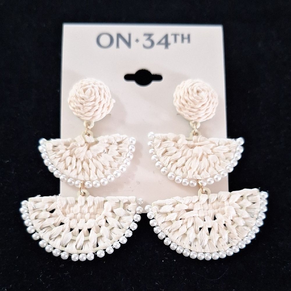 Cream Woven Raffia Drop Tower Earrings Hardware Goldtone, ON 34TH